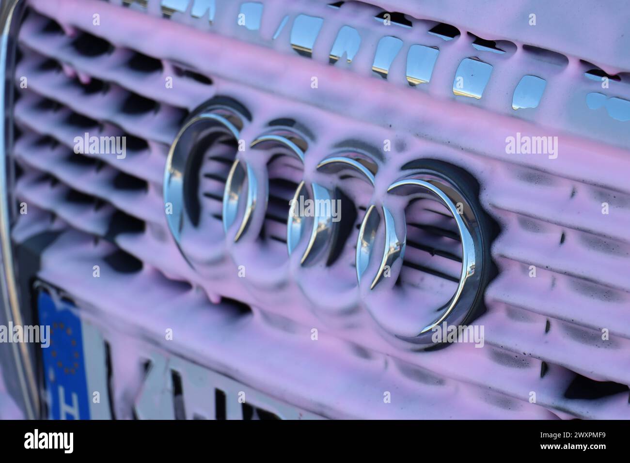 Primo piano del logo a quattro anelli dell'Audi sulla griglia anteriore ricoperta di schiuma di neve rosa fluente durante il servizio di lavaggio auto con targa ungherese Foto Stock