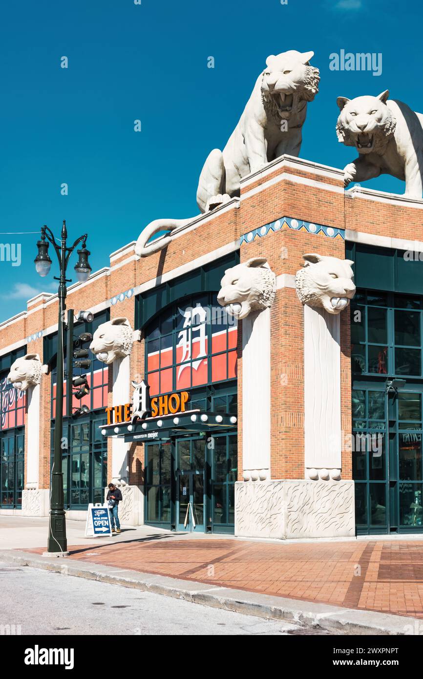 Negozio di articoli da regalo al Comerica Park, stadio di baseball, sede dei Detroit Tigers, a Detroit, Michigan, Stati Uniti. Foto Stock