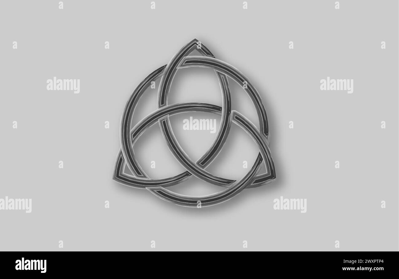Logo geometrico Triquetra, nodo Trinity, simbolo Wiccan per protezione. Nodo celtico vettoriale in stile acquerello isolato su sfondo grigio. Segnale Wicca Illustrazione Vettoriale