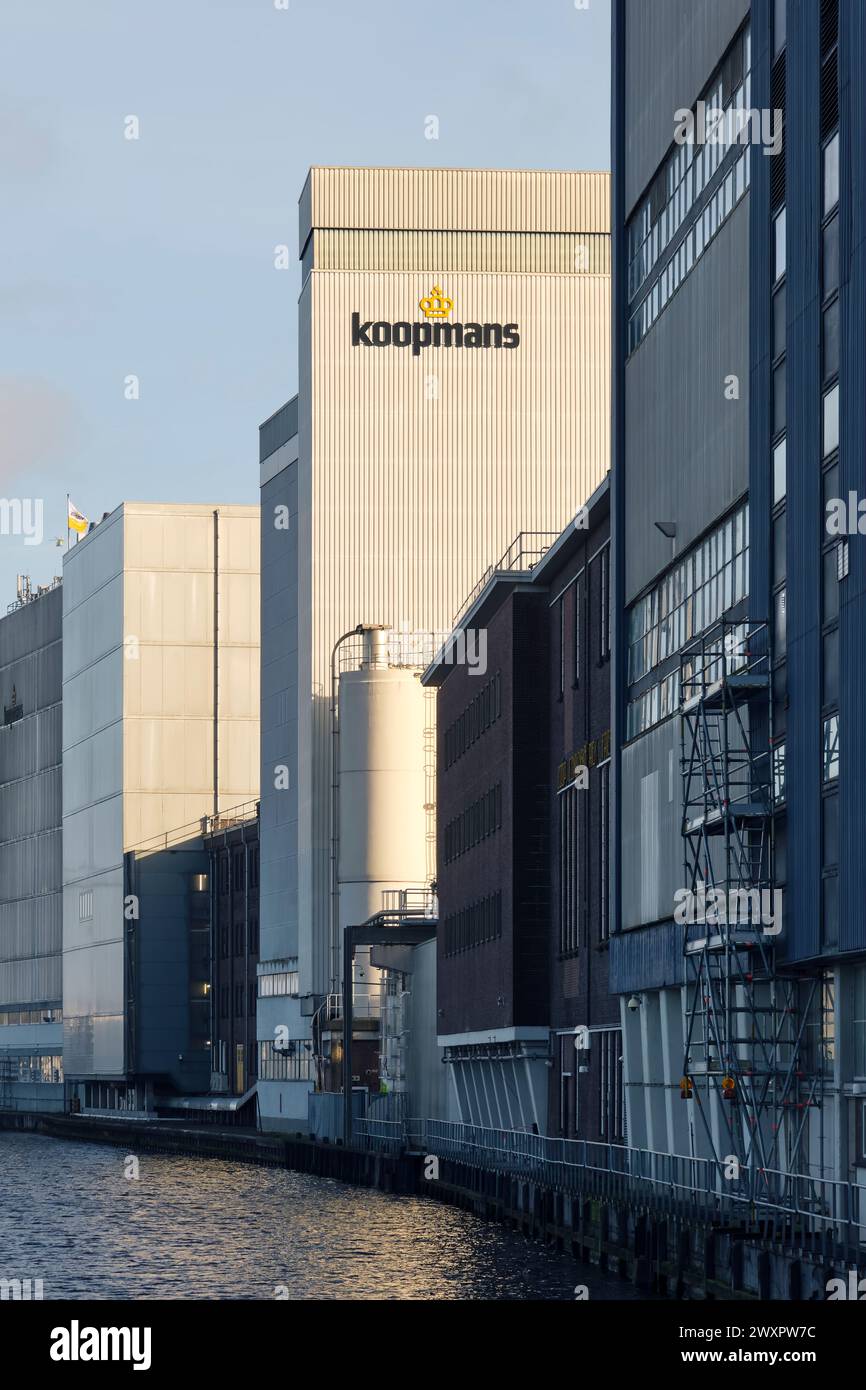 Logo Koopmans sulla facciata della fabbrica. La Koopmans Koninklijke Meelfabrieken è una fabbrica di farine a Leeuwarden la cui storia risale al 1846. Foto Stock