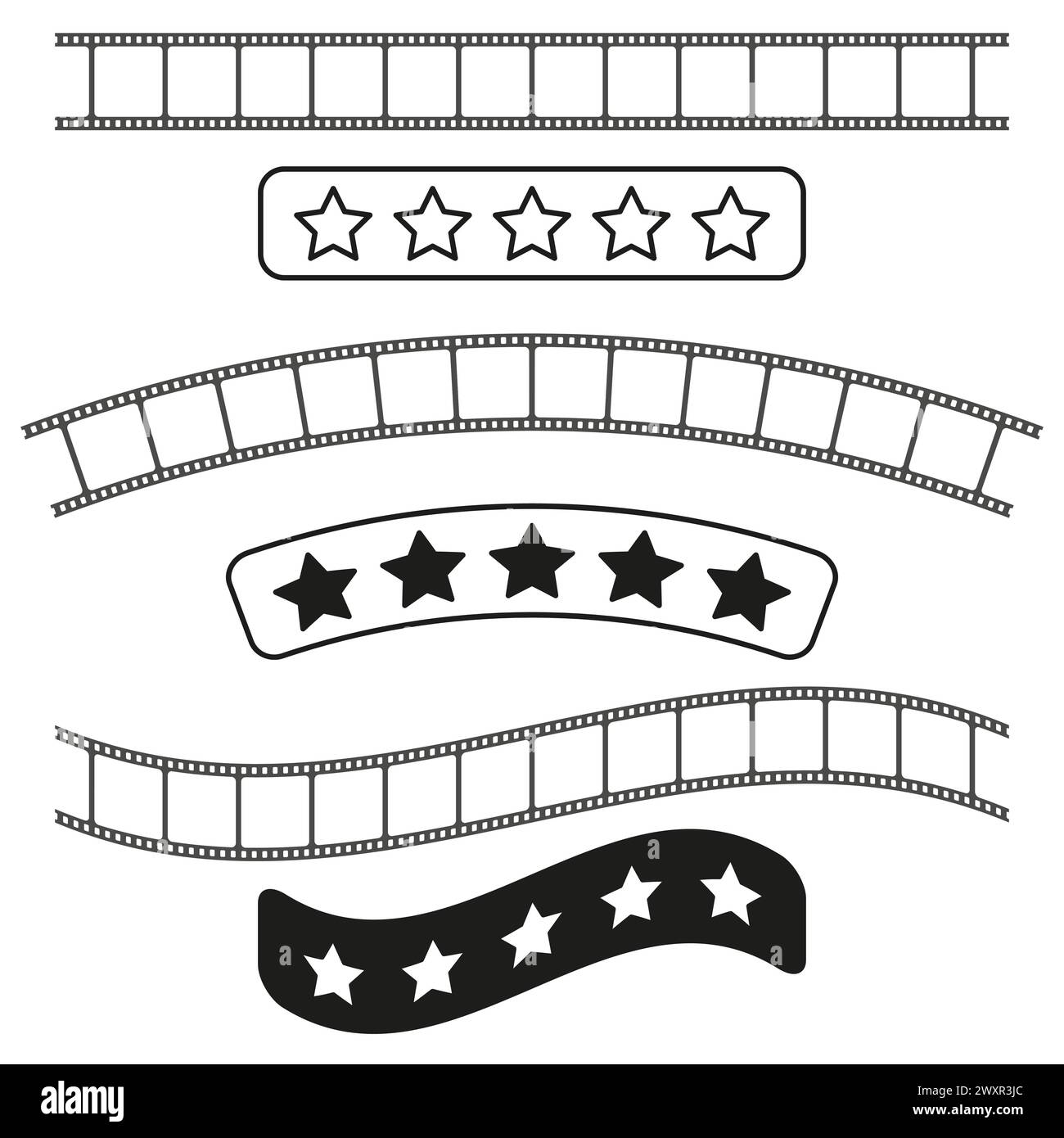 Pellicola cinematografica con stelle. Informazioni sulla revisione dei filmati. Illustrazione vettoriale. EPS 10. Illustrazione Vettoriale