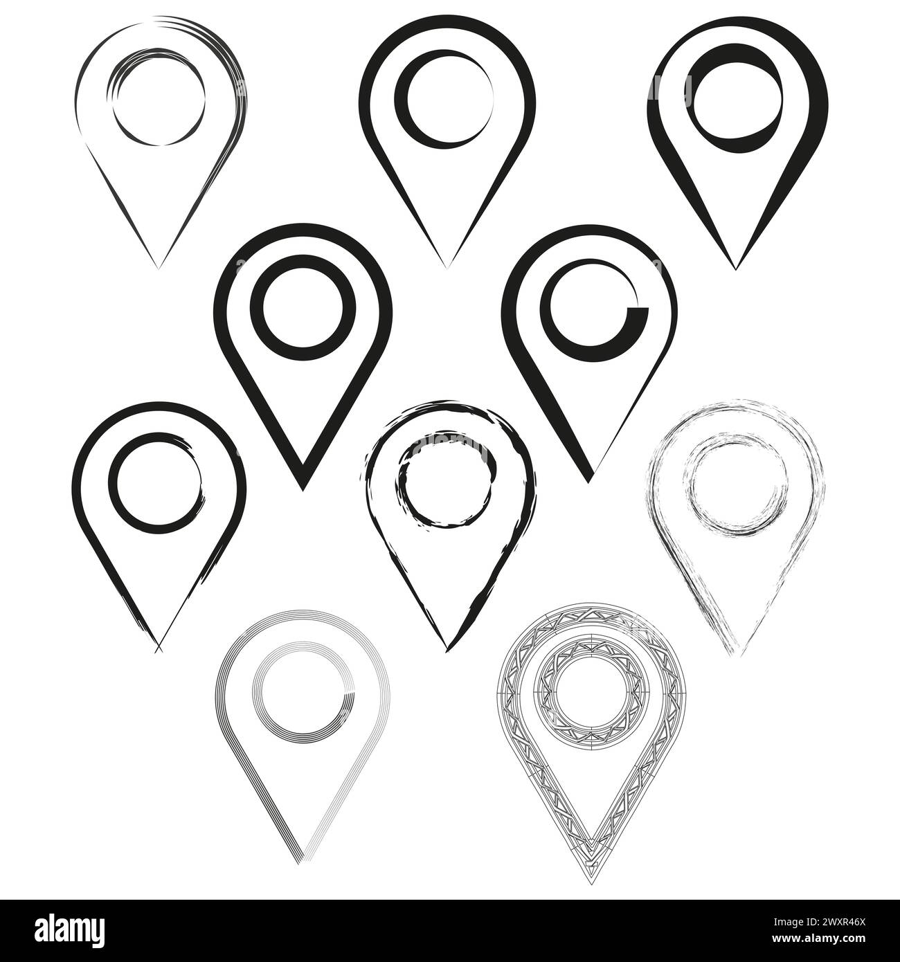 Set di icone dei pin di posizione. Simboli del puntatore della mappa. Raccolta segnali di navigazione. Grafico del punto di posizione GPS. Illustrazione vettoriale. EPS 10. Illustrazione Vettoriale