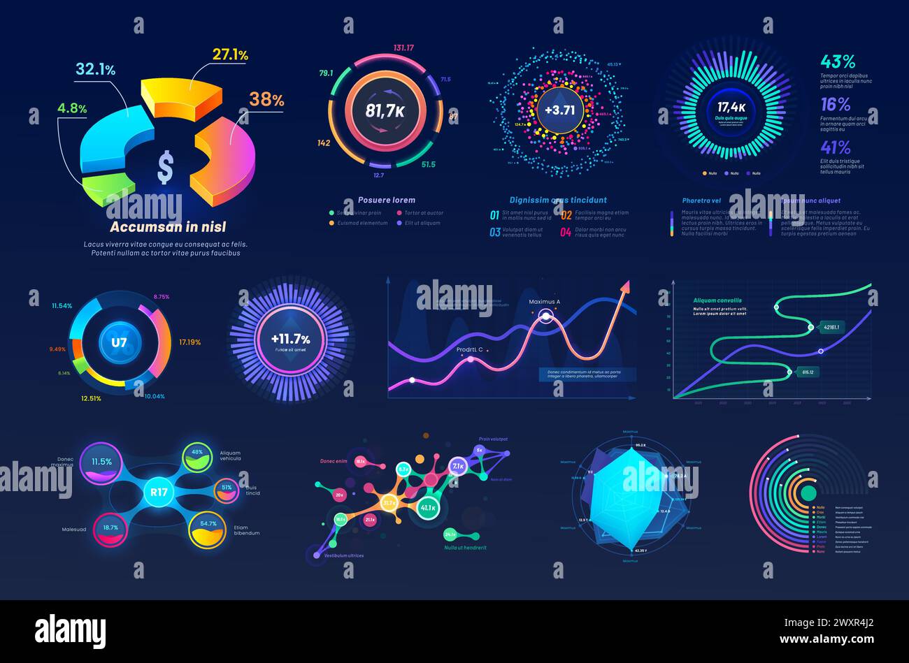 Grafici e grafici dell'interfaccia UI, elementi infografici, futuristici diagrammi di dati dashboard modelli vettoriali. Schermata dashboard moderna con grafici a barre, linee, circolari e timeline, mappa mentale e a torta Illustrazione Vettoriale