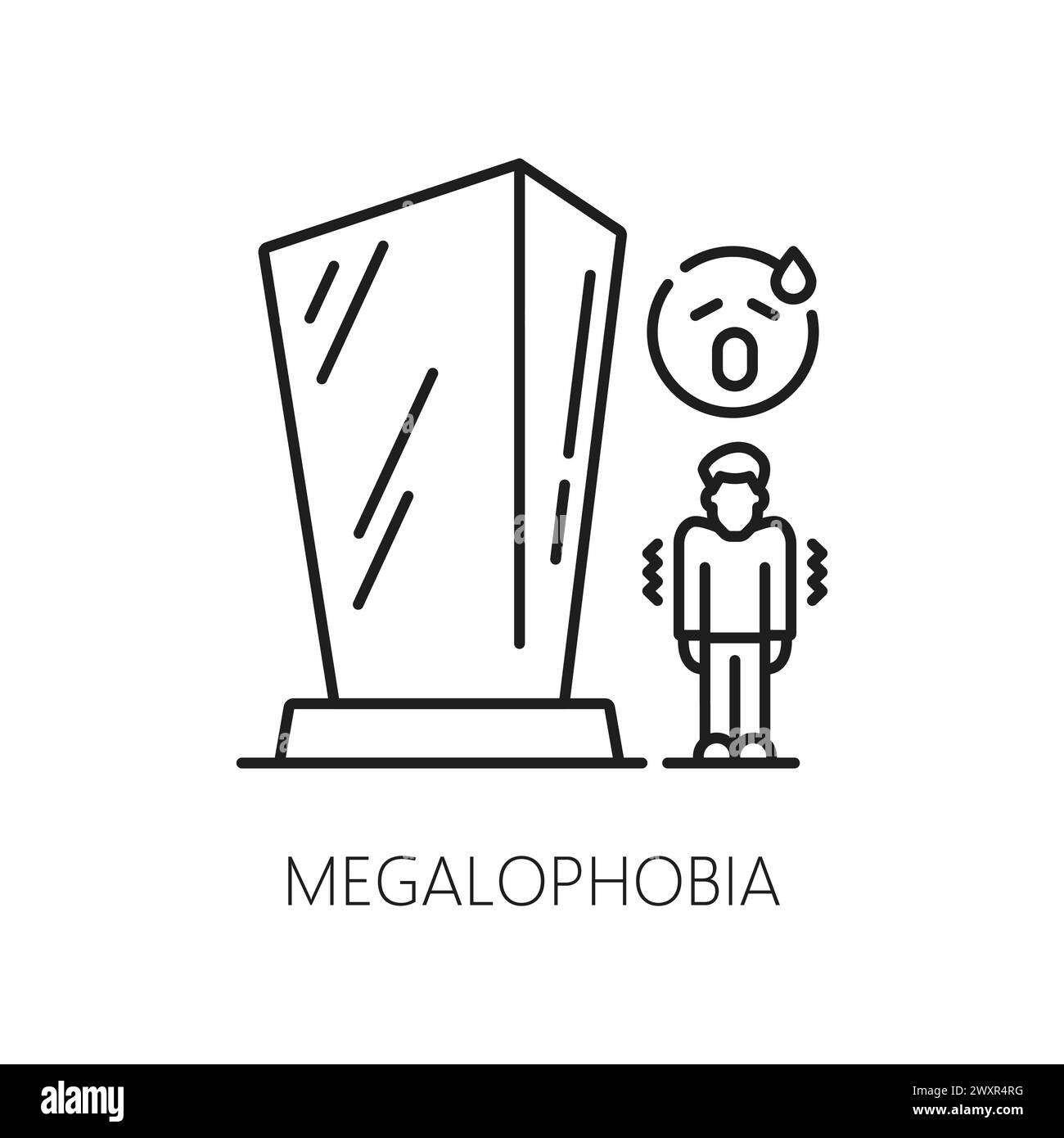 Icona della fobia della megalofobia umana, salute mentale. Paura di oggetti grandi, disturbi mentali, problemi psicologici delle persone icona vettoriale lineare. Simbolo o pittogramma a linee sottili della fobia umana Illustrazione Vettoriale