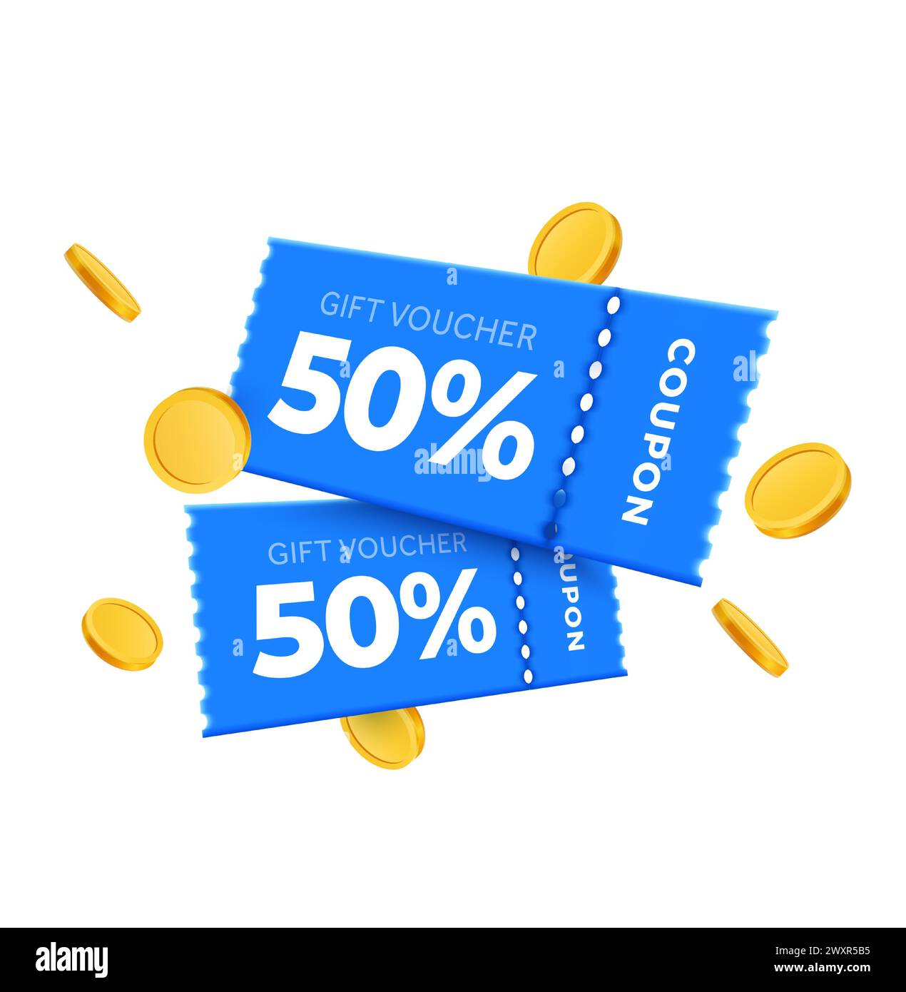 coppia di coupon 3d con percentuale del codice promozionale con monete d'oro. Omaggi speciali con buoni o voucher. Buono regalo e modello di moneta d'oro. illustrazione vettoriale 3d. Illustrazione vettoriale Illustrazione Vettoriale