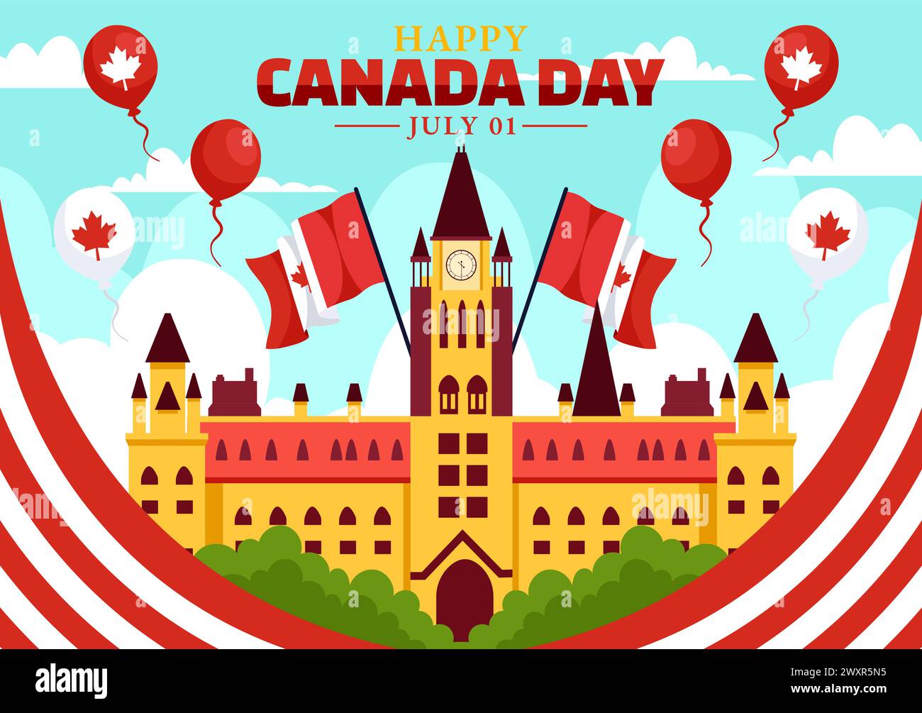 Happy Canada Day Vector Illustration Celebration il 1 luglio con acero e nastro sullo sfondo di National Holiday Flat Cartoon Illustrazione Vettoriale