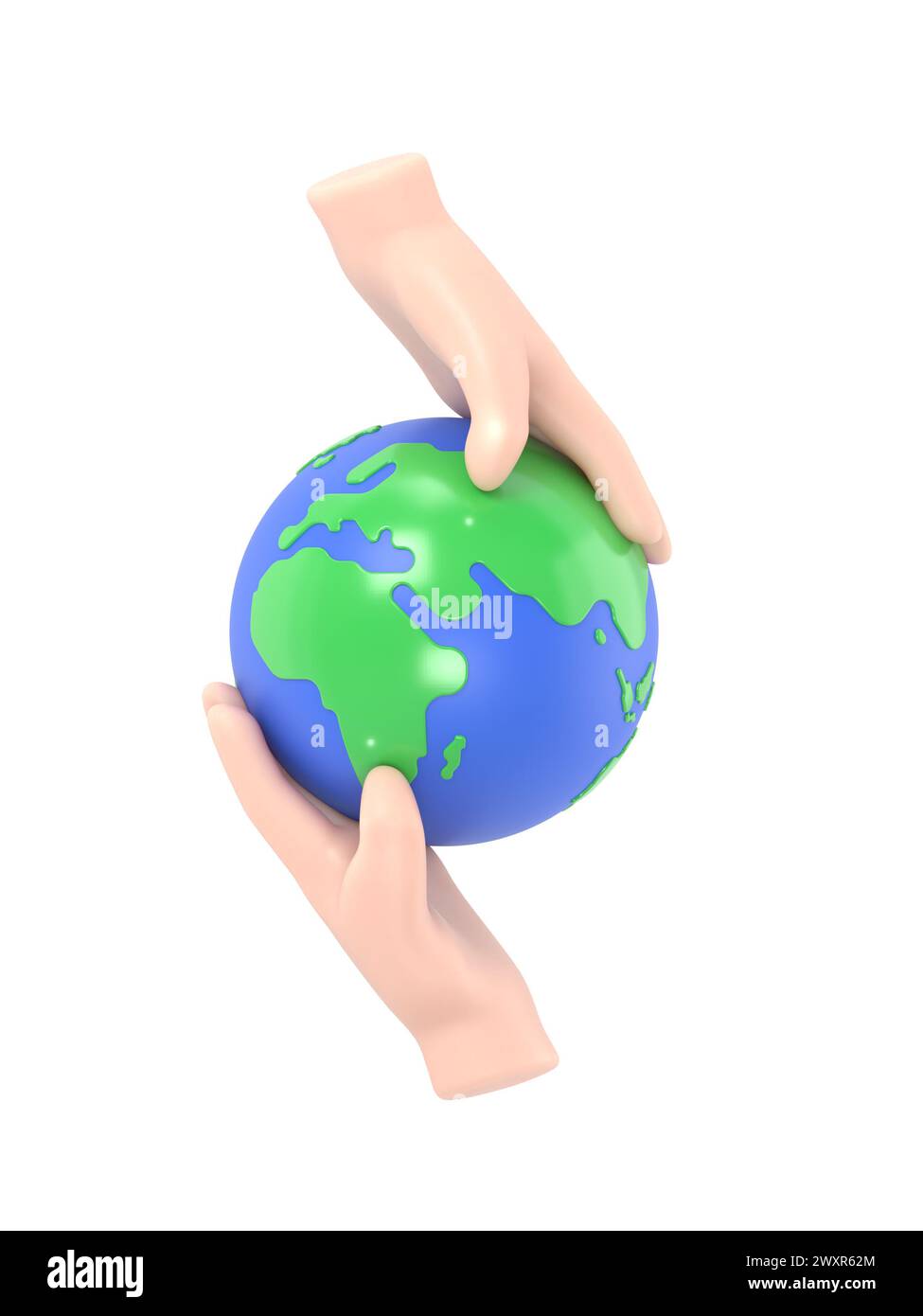 Concetto di protezione del pianeta. Icona globo nelle mani. Illustrazione 3D con design piatto. Salva eco. Ambiente dei cartoni animati. Oggetto per pubblicità, promozione e post Foto Stock