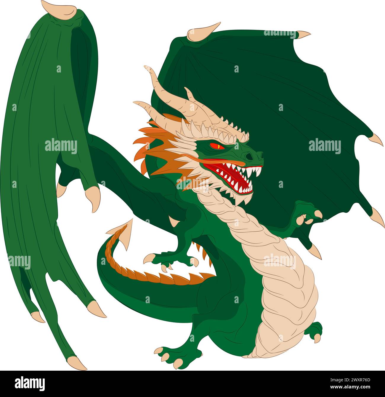 Drago verde in legno con ali. Illustrazione vettoriale del drago alato verde che punta con il dito della zampa destra. Illustrazione Vettoriale