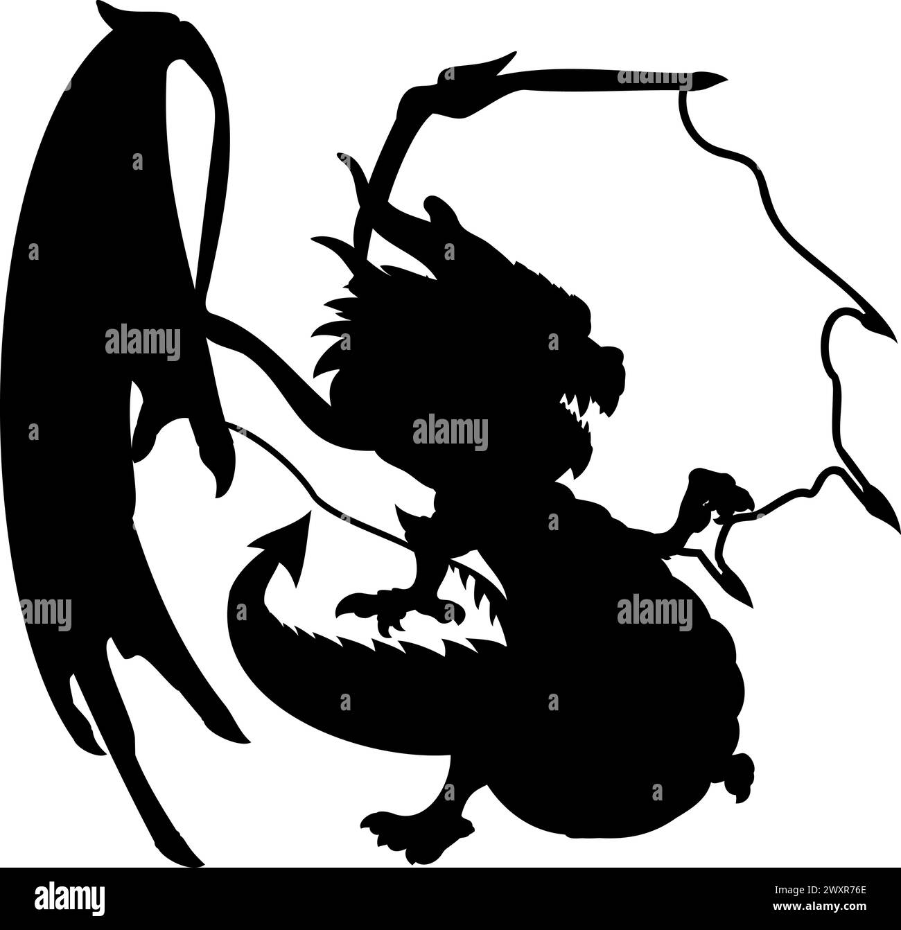 Forma di drago con ali. Illustrazione vettoriale del drago alato verde che punta con il dito della zampa destra. Drago con ali, corna, denti, baffi, Illustrazione Vettoriale