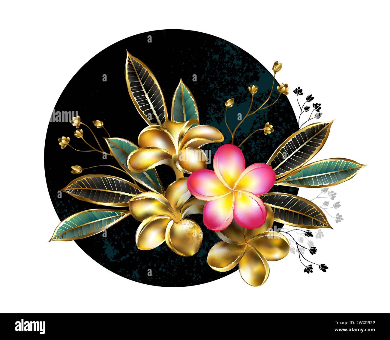 Composizione asimmetrica e floreale di oro, gioielli, fiori scintillanti e foglie di plumeria e fresco fiore rosa su cerchio nero. Design floreale. Illustrazione Vettoriale