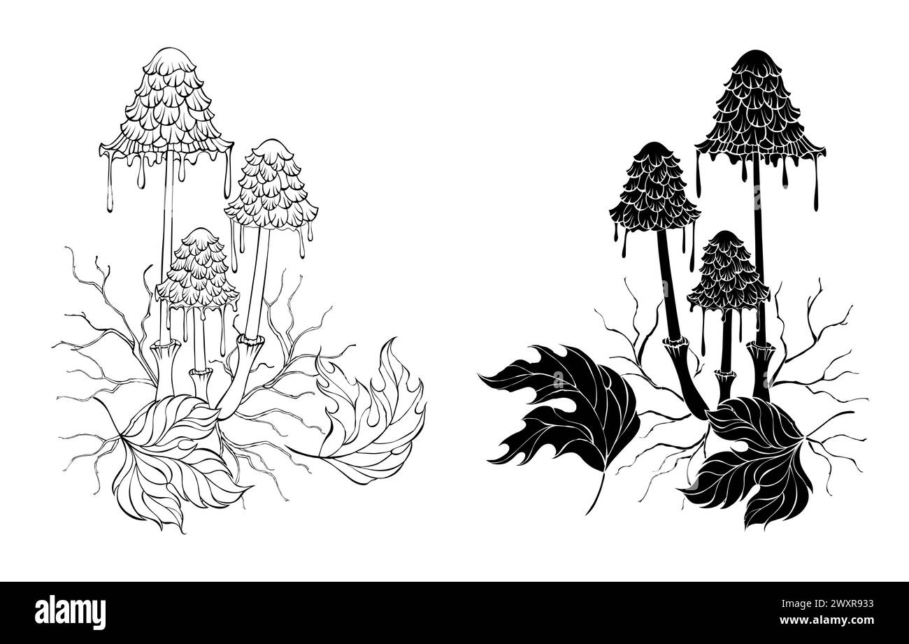 Disegni artistici, contorni e silhouette impreziosiscono funghi con rami e foglie autunnali cadute su sfondo bianco. Illustrazione Vettoriale