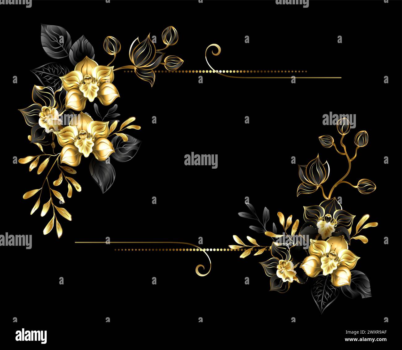 Composizione floreale rettangolare di orchidee artisticamente trafilate, nere e dorate, con rametti d'oro e neri di pistacchio ed eucalipto sul nero Illustrazione Vettoriale