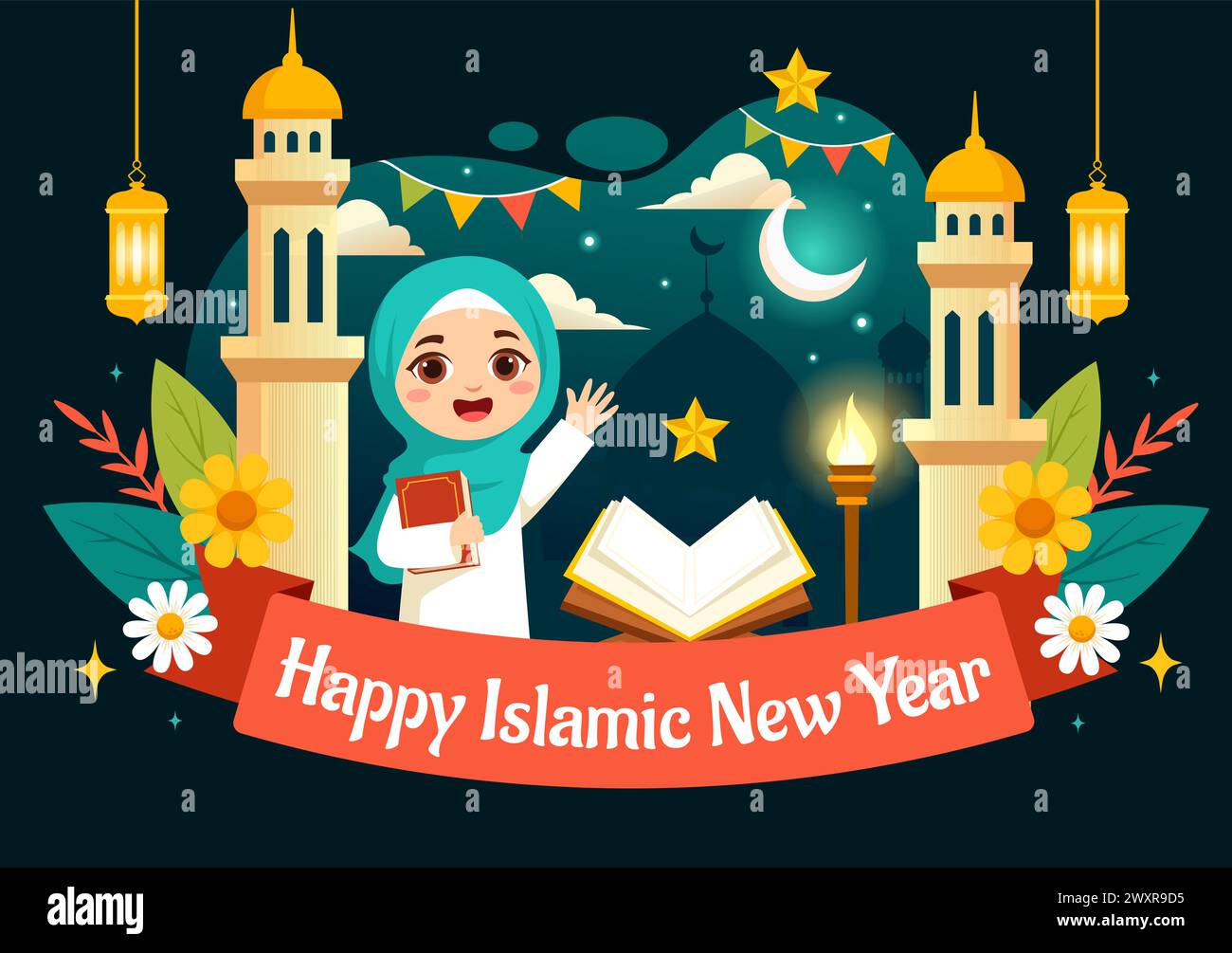 Felice Muharram illustrazione vettoriale di celebrare il Capodanno islamico con il concetto di Moschea, Luna e Lanterna in Flat Kids Cartoon background Illustrazione Vettoriale