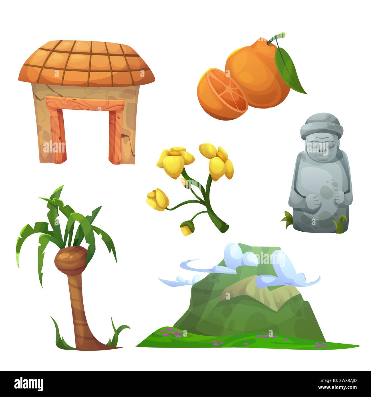 Set di elementi tradizionali dell'isola di Jeju. Elementi della città turistica della Corea del Sud e simboli culturali: Mandarino arancione e rami con fiori, palme e vulcano, statua in pietra dol hareubang Illustrazione Vettoriale