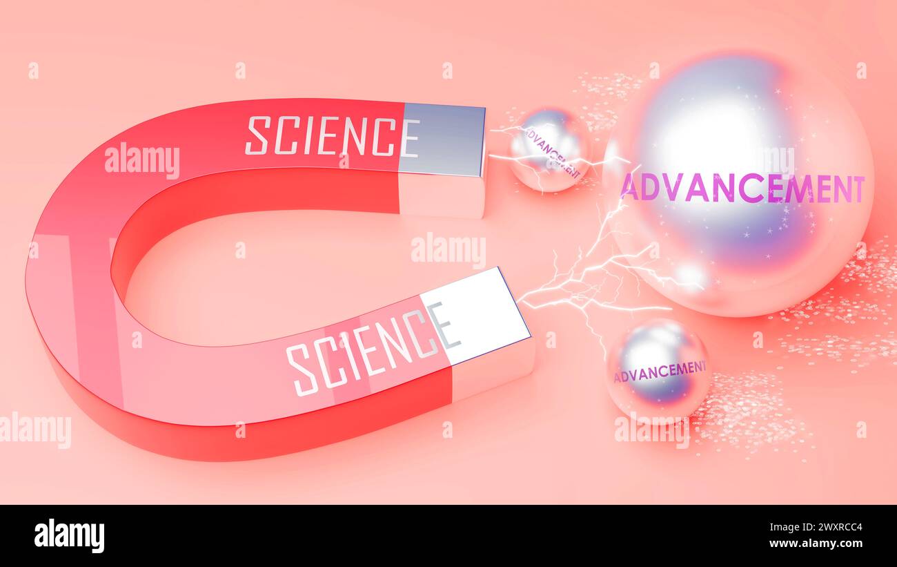 La scienza attrae il progresso. Una metafora magnetica in cui il potere della scienza attrae progresso. Relazione causa-effetto tra scienza e avanza Foto Stock