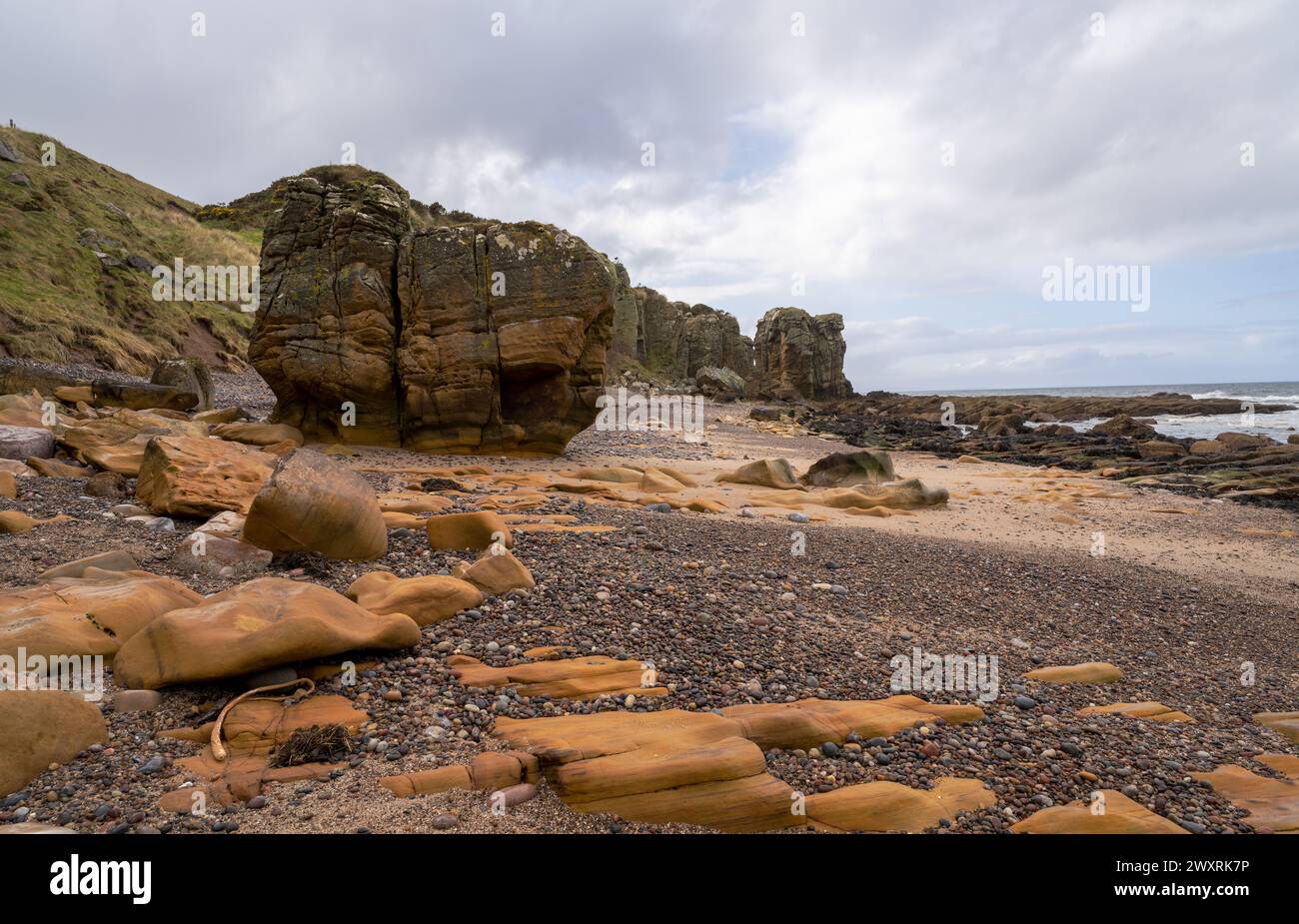 Cummingston Stacks a Moray, sulla costa nord-orientale della Scozia. Foto Stock