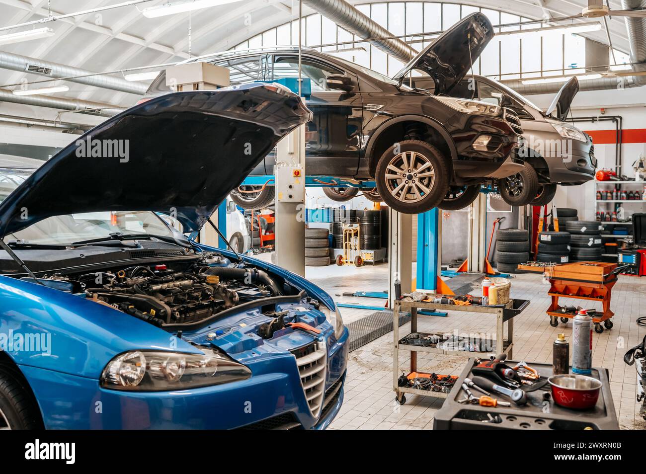 Interni moderni e spaziosi di un'officina automobilistica con vari attrezzi di riparazione e auto sollevate con cofano aperto sui sistemi di sospensione alla luce del giorno Foto Stock