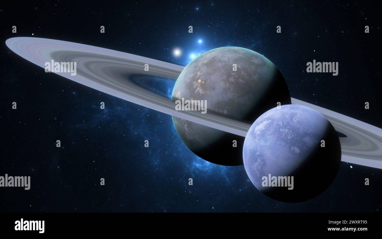 Due pianeti in prossimità di uno sfondo stellato, uno con anelli prominenti. rendering 3d. Foto Stock