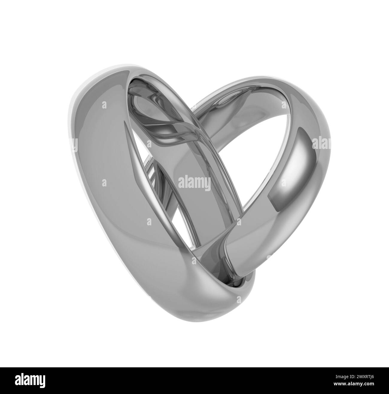 Due fedi nuziali in oro bianco, platino o argento, illustrazione 3D. Foto Stock
