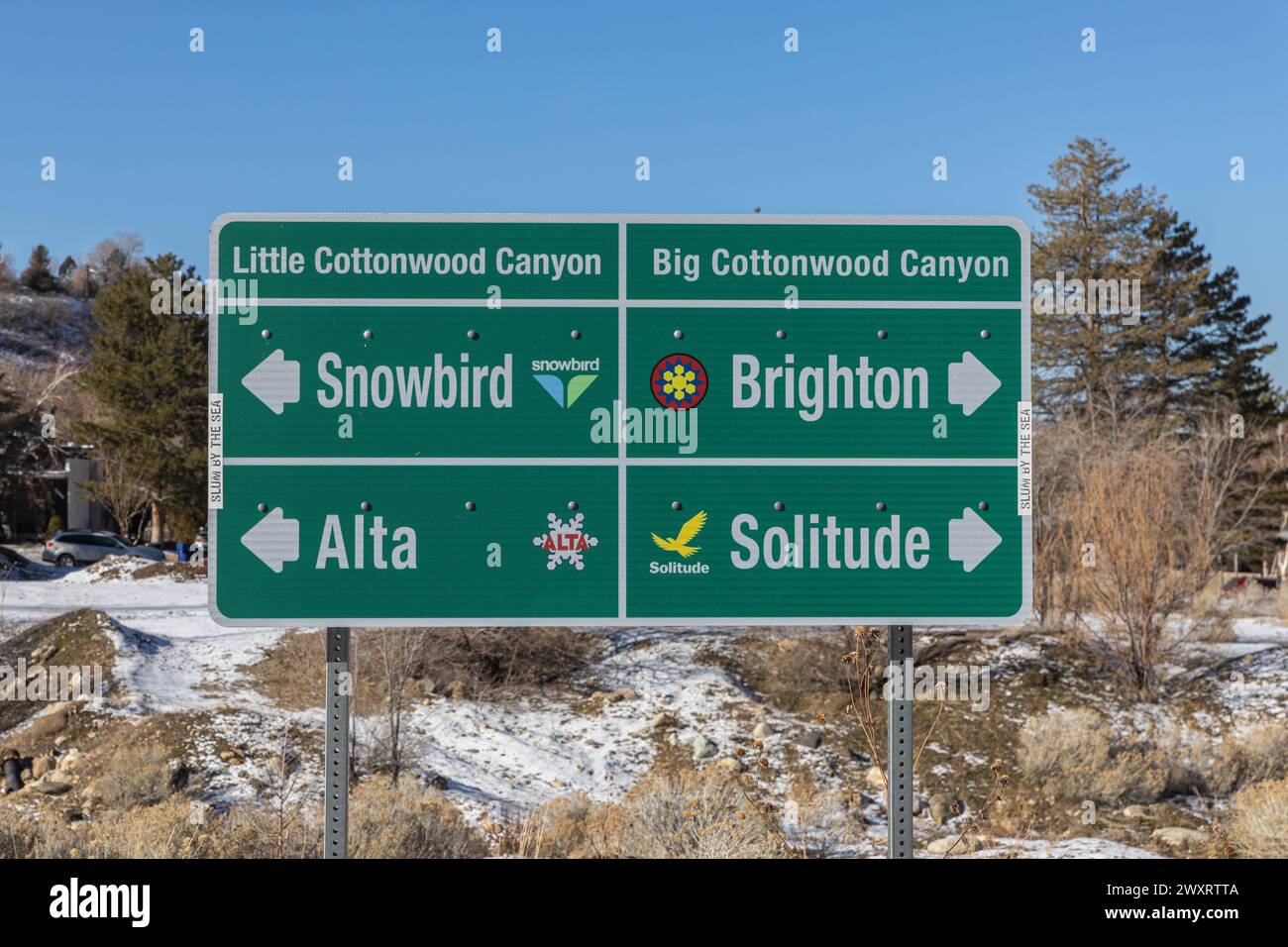 Un cartello con le indicazioni per le zone sciistiche vicino a Salt Lake City, Utah Foto Stock