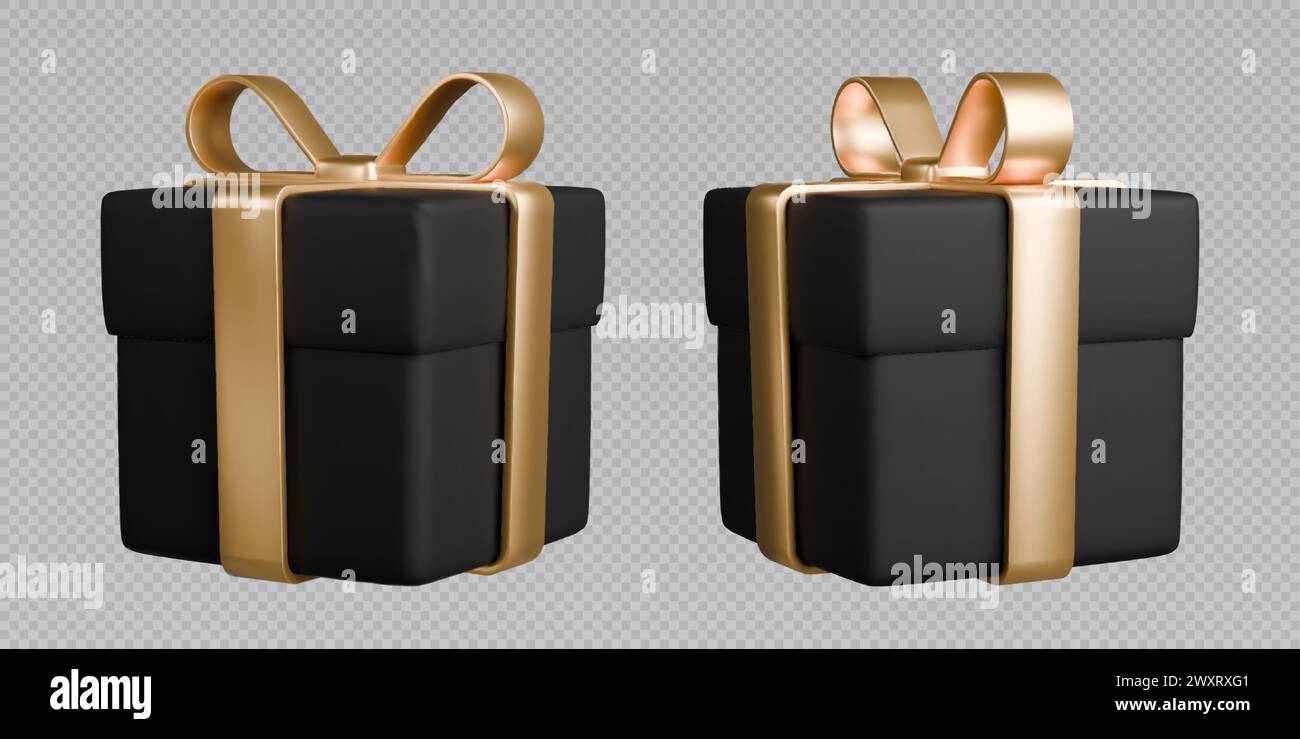 Scatole regalo con nastri, realistiche scatole nere 3d con archi dorati. Regalo a sorpresa isolato su sfondo grigio. Illustrazione Vettoriale