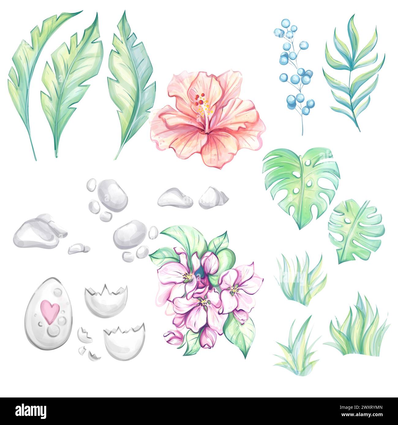 Set di foglie tropicali acquerello, clip art. Uovo di dinosauro, ciliegio giapponese in fiore, arte sakura. Bouquet di mele. Fiori rosa. Ritagliare Foto Stock