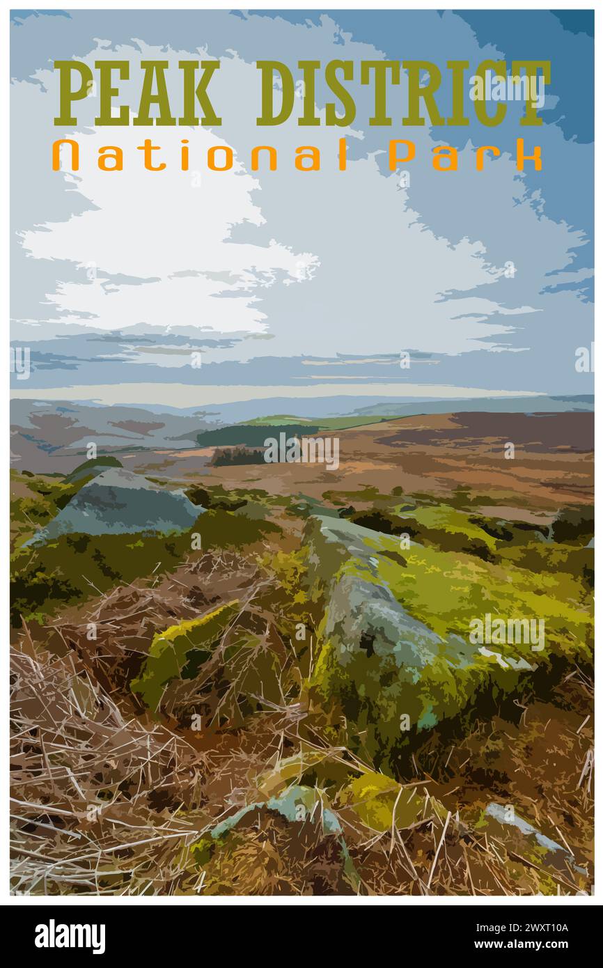 Stanage Edge Millstones, Derbyshire nostalgico poster di viaggio retrò concetto del Peak District National Park, Inghilterra, Regno Unito, nello stile del progetto di lavoro Foto Stock