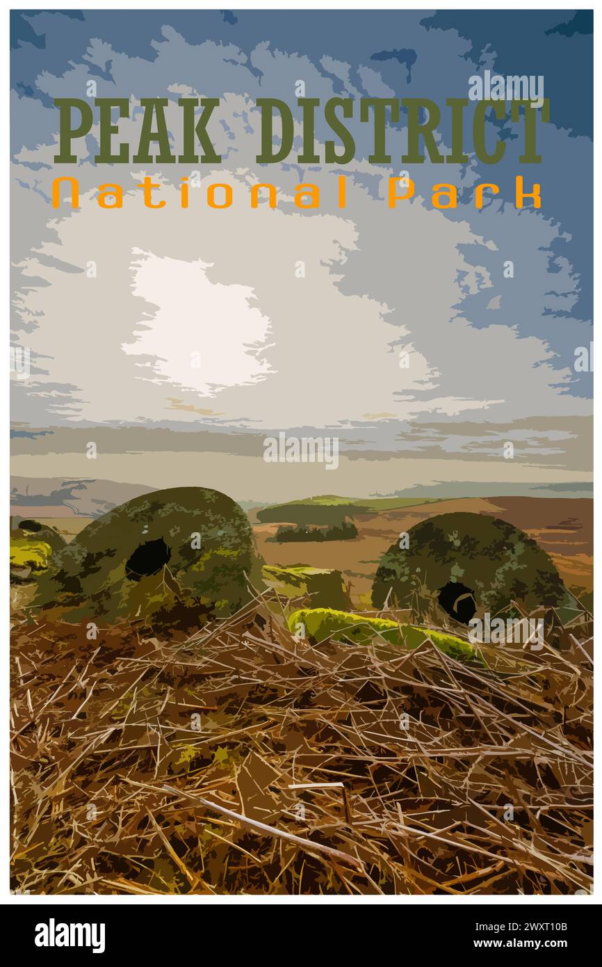 Stanage Edge Millstones, Derbyshire nostalgico poster di viaggio retrò concetto del Peak District National Park, Inghilterra, Regno Unito, nello stile del progetto di lavoro Foto Stock