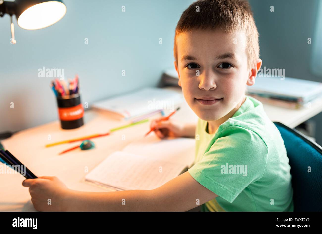Ragazzo seduto alla scrivania a fare i compiti a casa. Foto Stock
