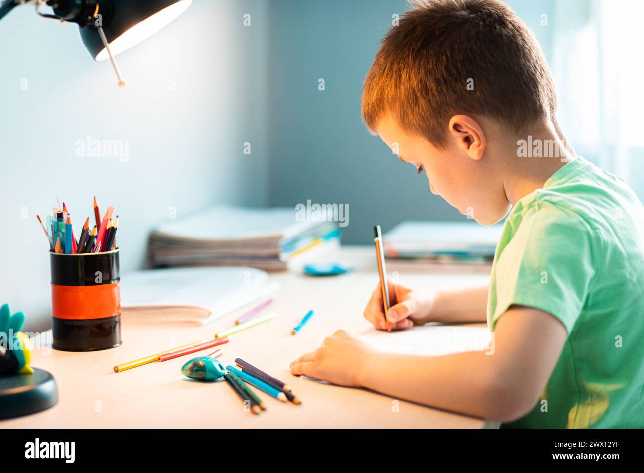 Ragazzo seduto alla scrivania a fare i compiti a casa. Foto Stock