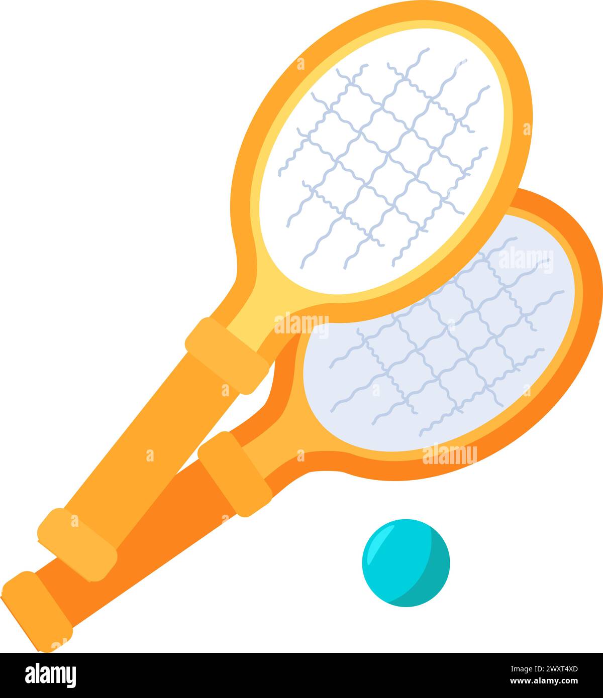 Set di racchette da tennis e palla per giocare a tennis. Attrezzature sportive per attività ricreative. Icona delle vacanze estive. Semplice vettore di cartoni animati piatto isolato o Illustrazione Vettoriale