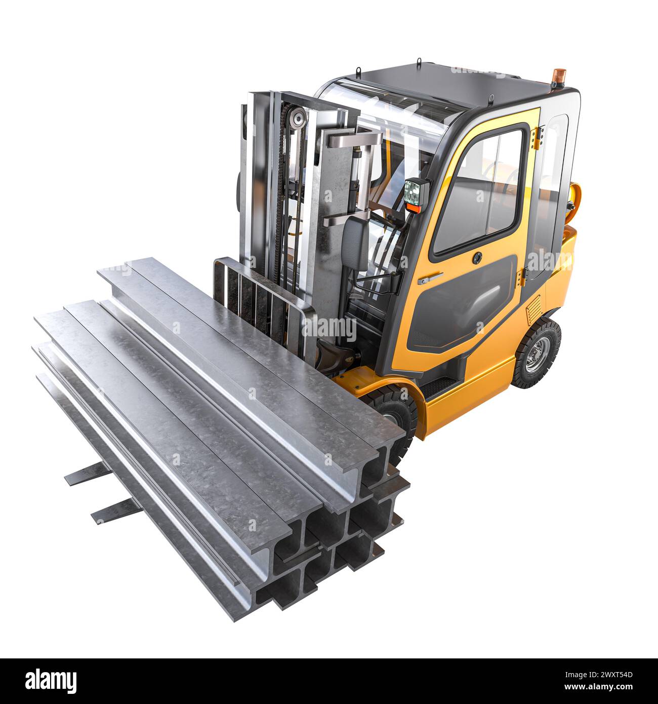 Carrello elevatore a forche industriale che trasporta travi in acciaio pesanti isolate su bianco. rendering 3d. Foto Stock