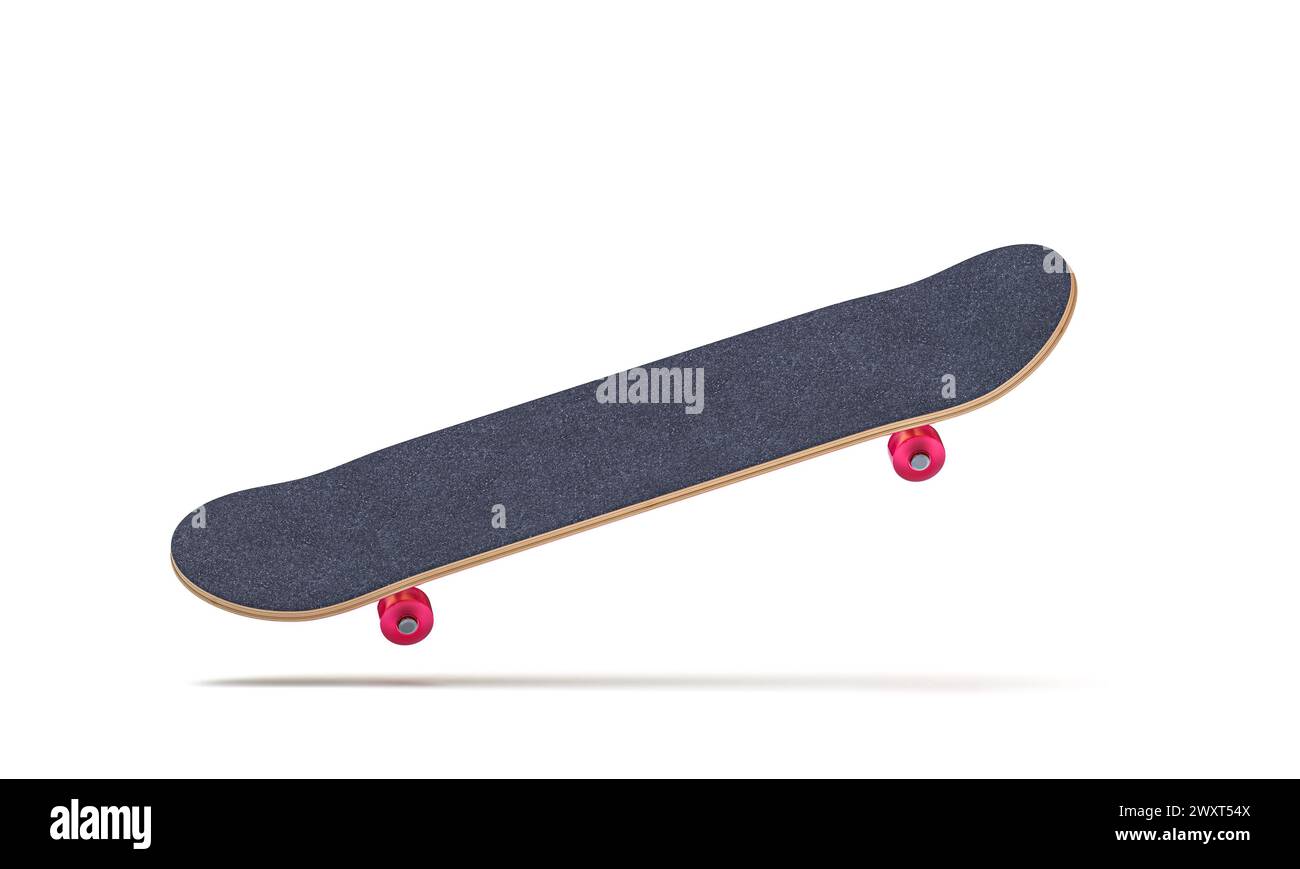 Skateboard sospeso a mezz'aria isolato su bianco. rendering 3d. Foto Stock