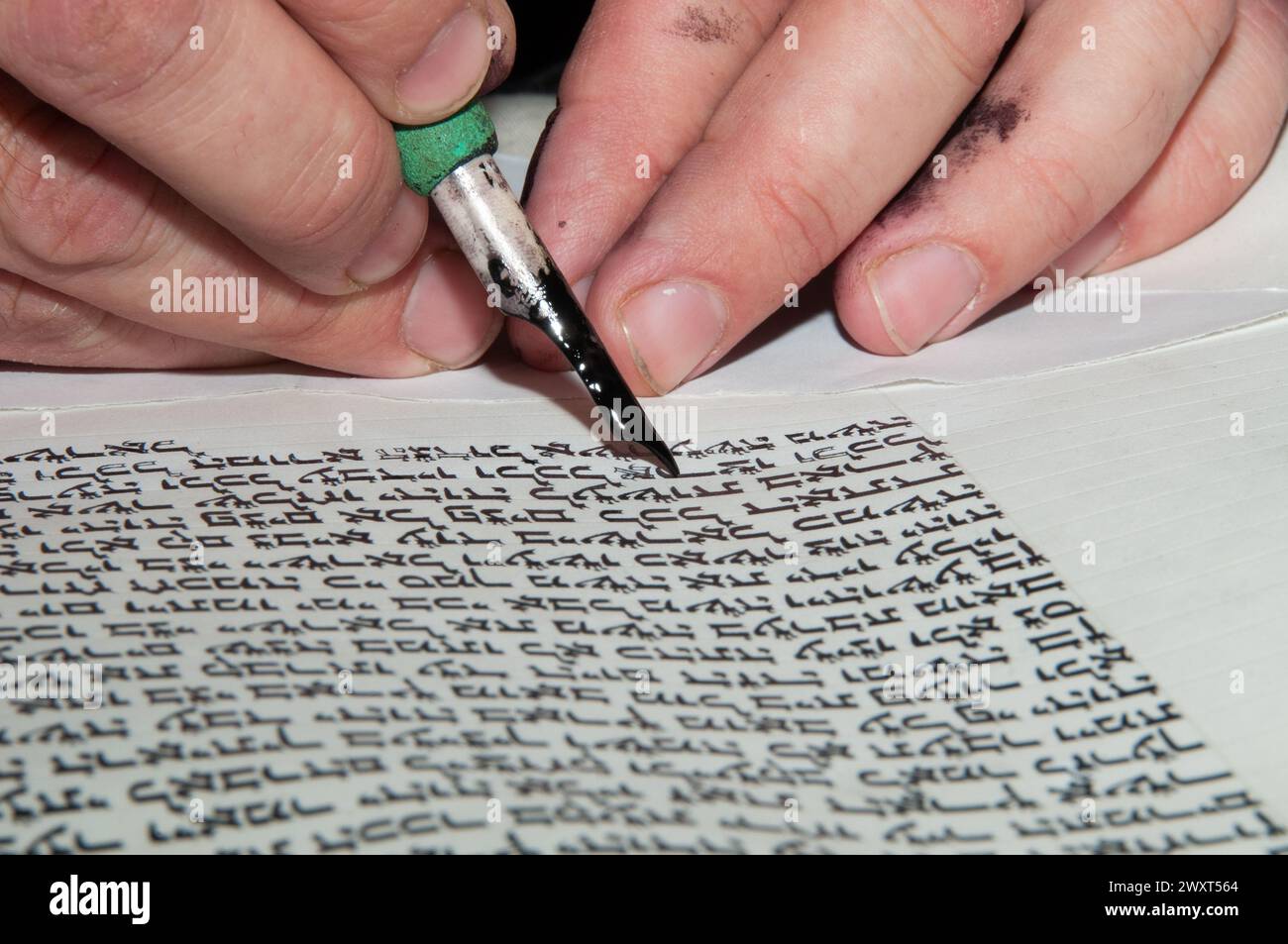 Vista ravvicinata delle mani di uno scriba ebreo che scrive il testo ebraico della Torah o della Bibbia su pergamena usando una trappola di piume e inchiostro nero. Foto Stock