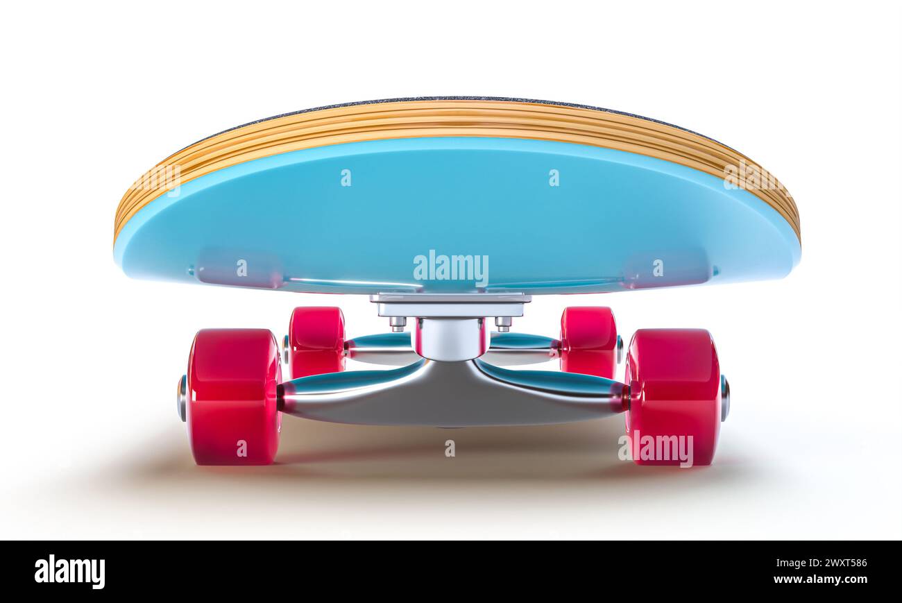 Skateboard blu vibrante con ruote rosse . rendering 3d. Foto Stock