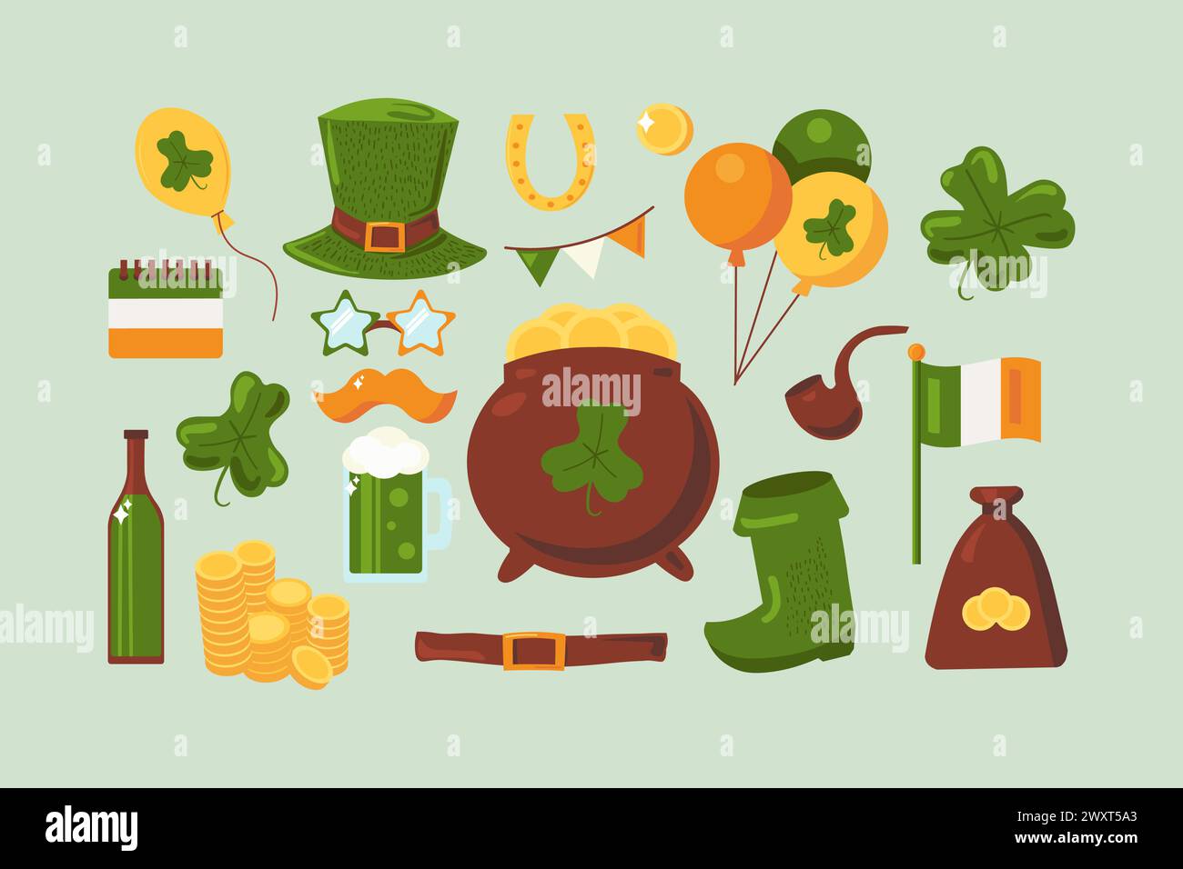 Vector Cartoon Happy Patrick's Day Set. Elementi isolati in primavera nei colori della bandiera irlandese Illustrazione Vettoriale