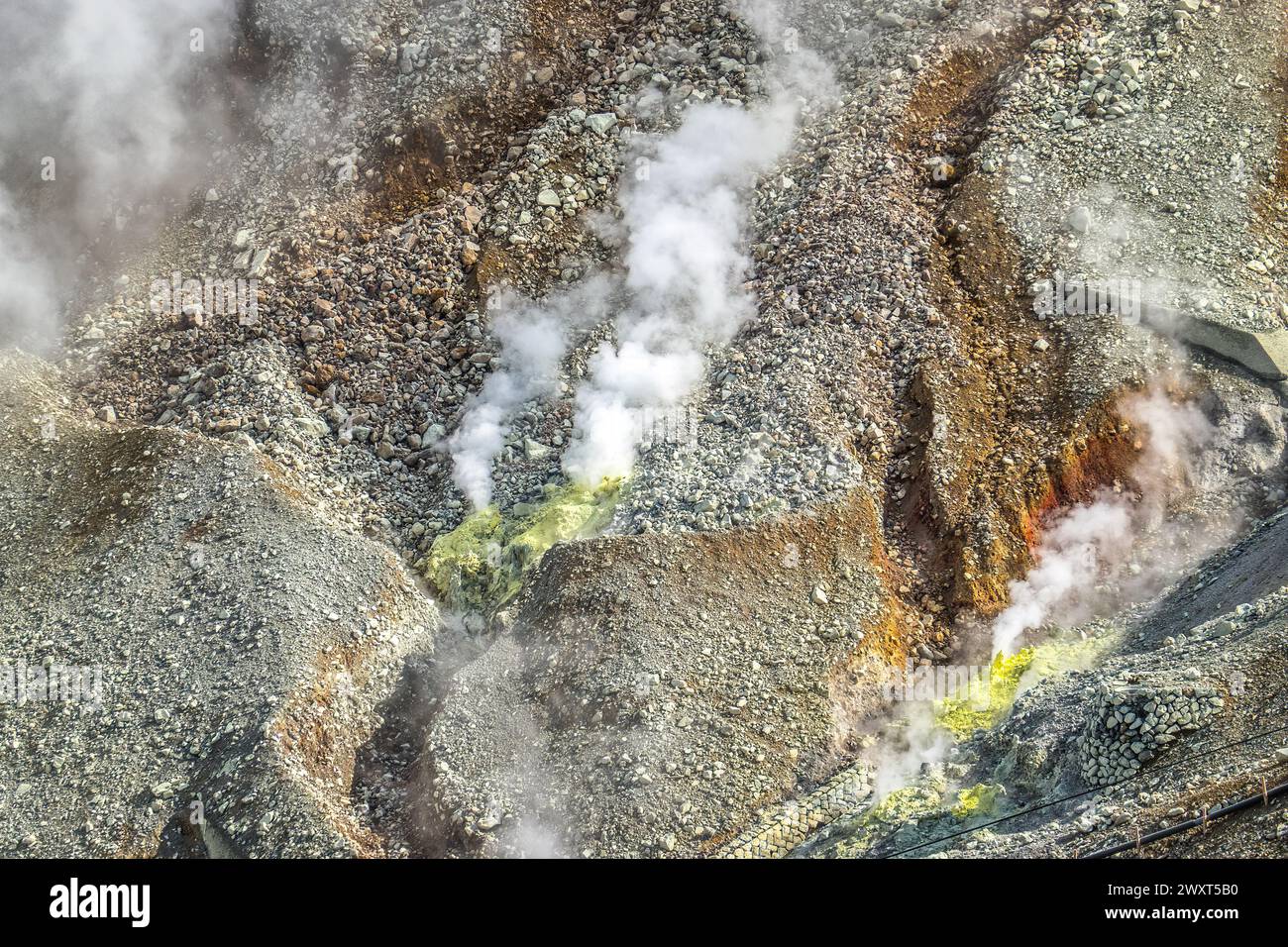 Sfiati attivi di zolfo nella valle vulcanica di Ōwakudani a Hakone, prefettura di Kanagawa, Giappone. Campo di zolfo fumante vicino al Monte Fuji. Foto Stock