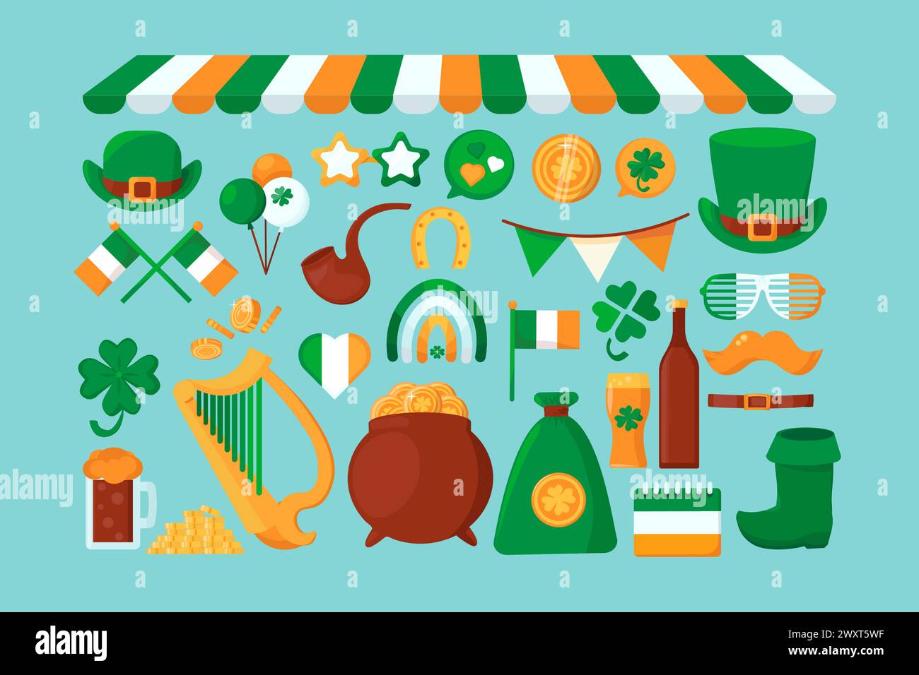 Vector Cartoon Happy Patrick's Day Set. Elementi isolati in primavera nei colori della bandiera irlandese Illustrazione Vettoriale