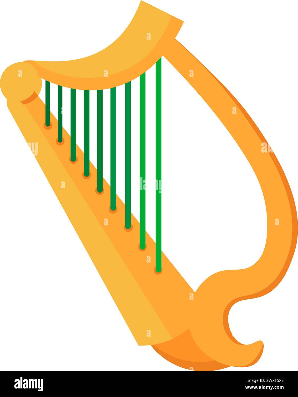Arpa musicale a cartoni animati vettoriali con corde verdi e legno dorato nei colori della bandiera irlandese per la decorazione delle vacanze primaverili, elem festa Happy Patrick Illustrazione Vettoriale