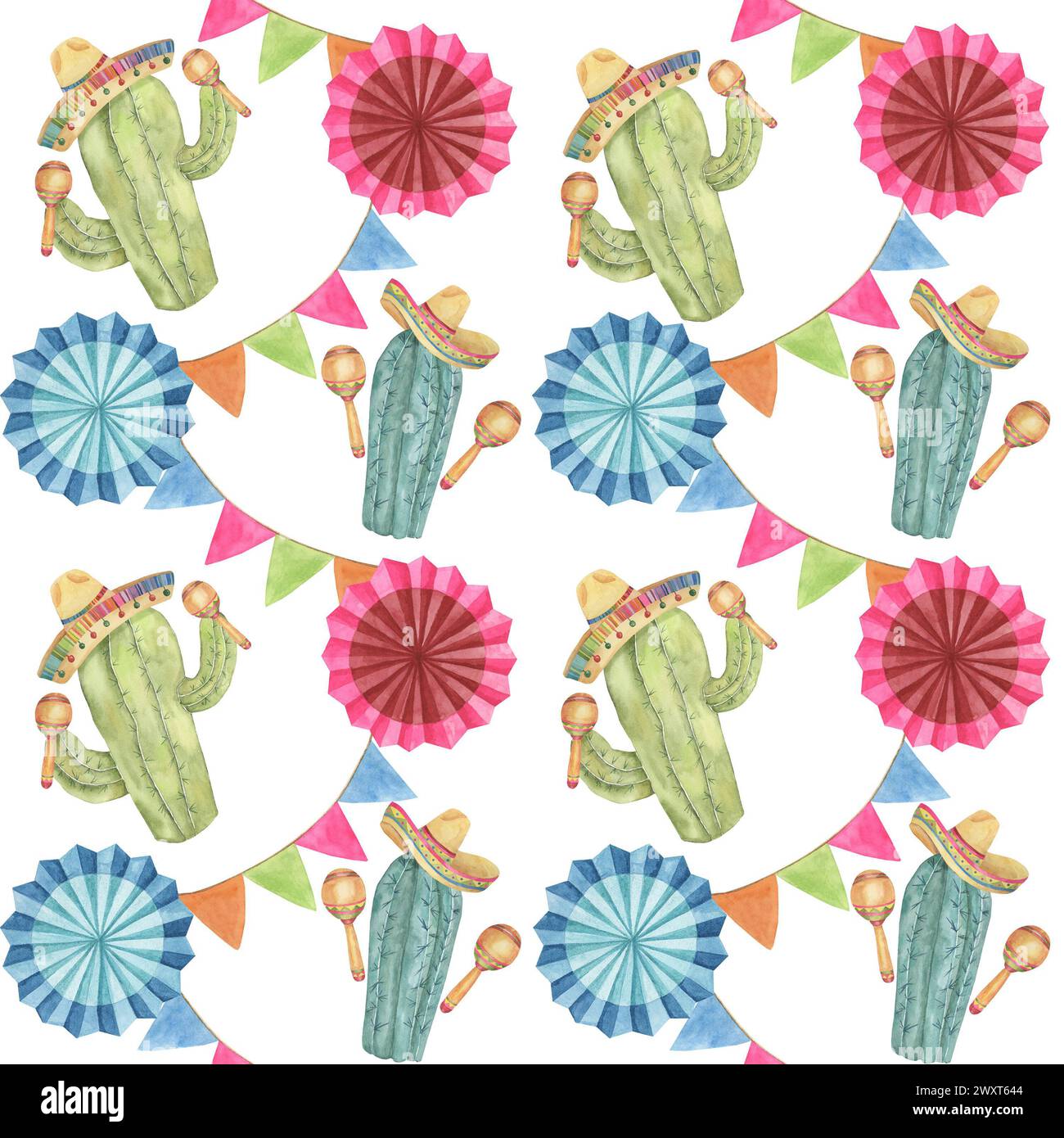 Motivo senza cuciture con elementi disegnati a mano Cinco de Mayo in acquerello. Cactus colorati con maracas e piastrelle di fiori di fiesta. Ripetere le clip art per il prin Foto Stock