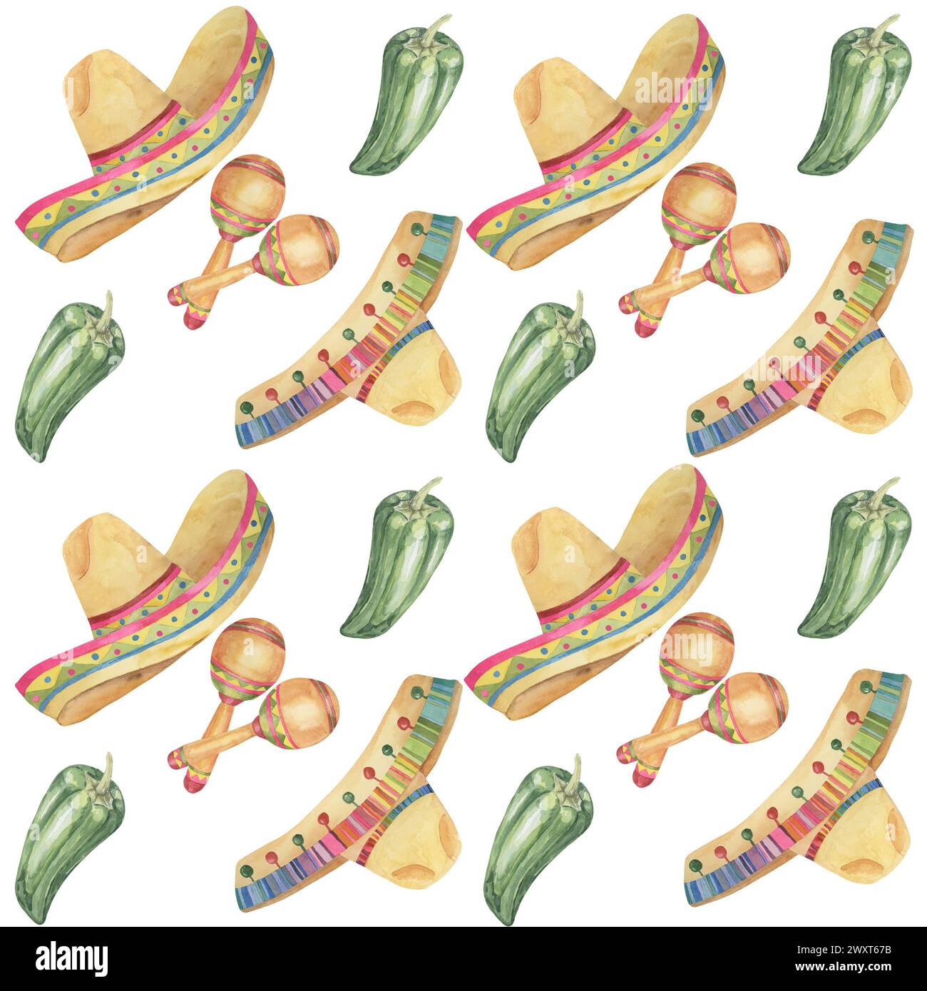 Motivo senza cuciture con elementi disegnati a mano Cinco de Mayo in acquerello. Sombreri colorati con maracas e piastrelle jalapeno. Ripetere le clip art per la stampa Foto Stock