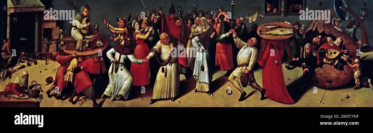 Battaglia tra Carnevale e Quaresima 1550 - 1599 dopo Hieronymus Bosch van Aken (pittore) Museo Mayer van den Bergh, Anversa, Belgio, Belgio. Lode della follia: Satirizzazione della follia umana, ( composizione pittore dall'ambiente immediato di Jan Verbeeck ) Battaglia tra Carnevale e Quaresima è un dipinto di Hieronymus Bosch Foto Stock