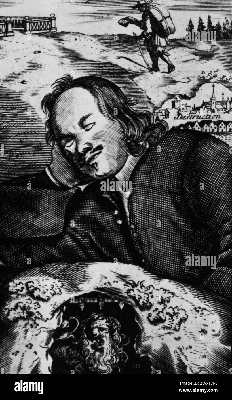 Christian Dreaming, From Pilgrim's Progress di John Bunyan, illustrazione XVII secolo Foto Stock
