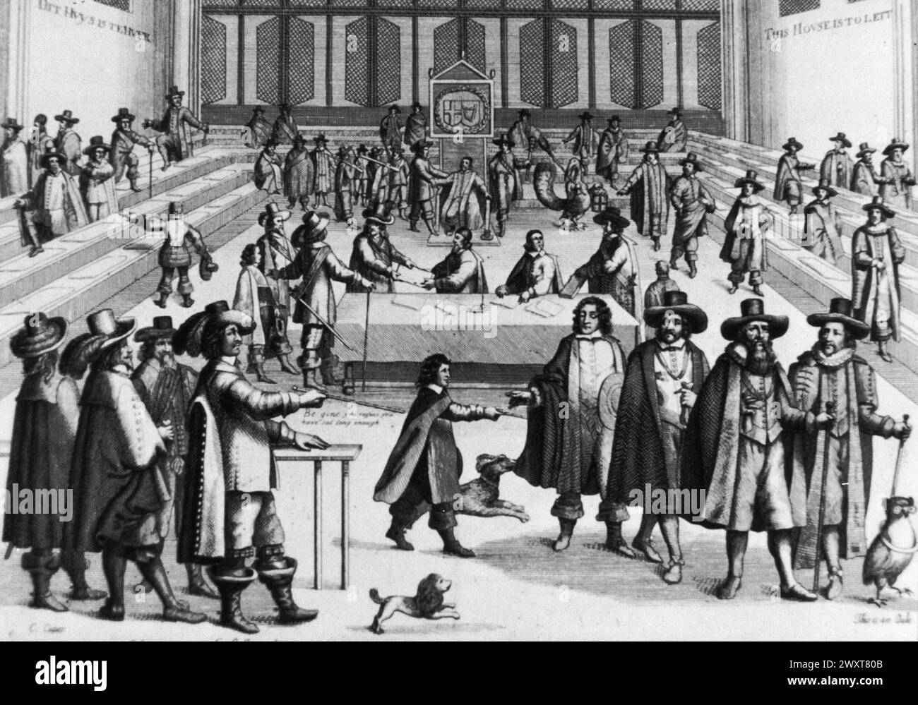 Oliver Cromwell, Lord Protettore d'Inghilterra, scioglie il lungo Parlamento nel 1653, incisione, Inghilterra XVII secolo Foto Stock