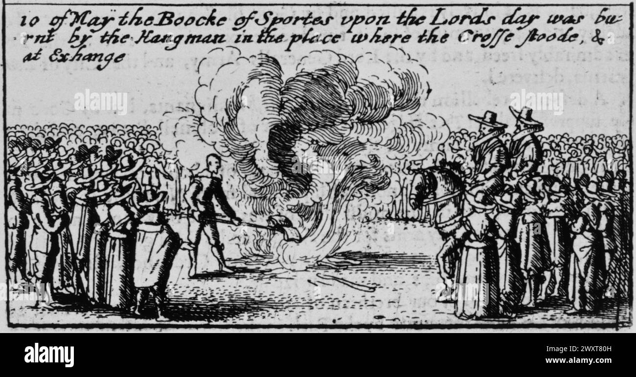 English Civil War: A Book of Sports Burned by the Puritans, Illumination, England XVII secolo Foto Stock