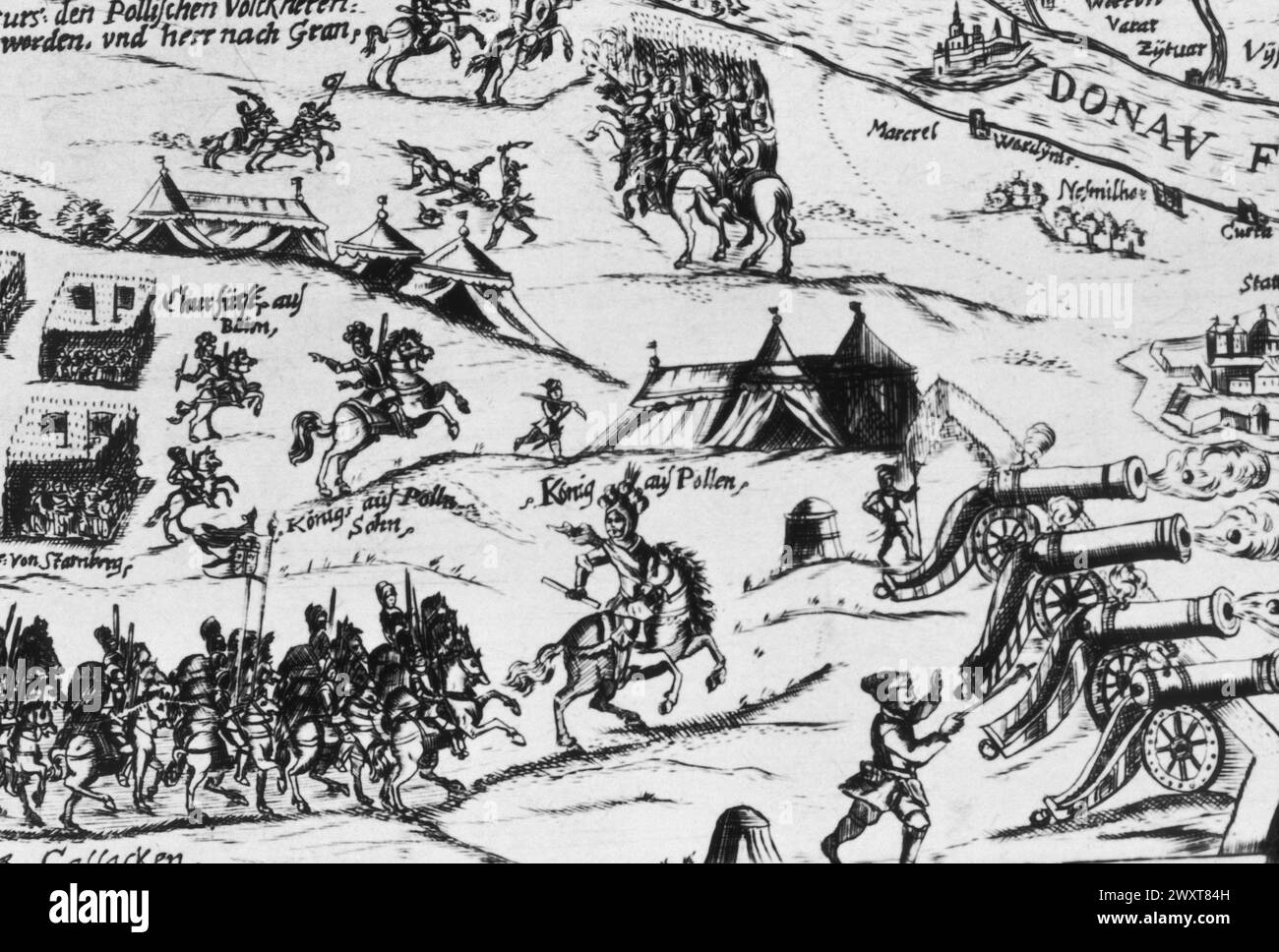 Dettaglio della sconfitta dei turchi a Vienna mostra John Sobieski e le forze polacche, 1683 anni, incisione Foto Stock