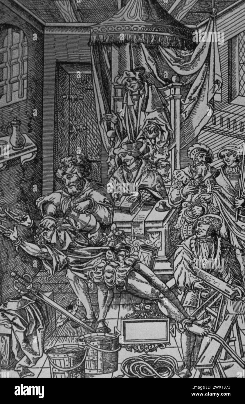 La questione dell'acqua tortura, tagliata su legno del XVI secolo Foto Stock