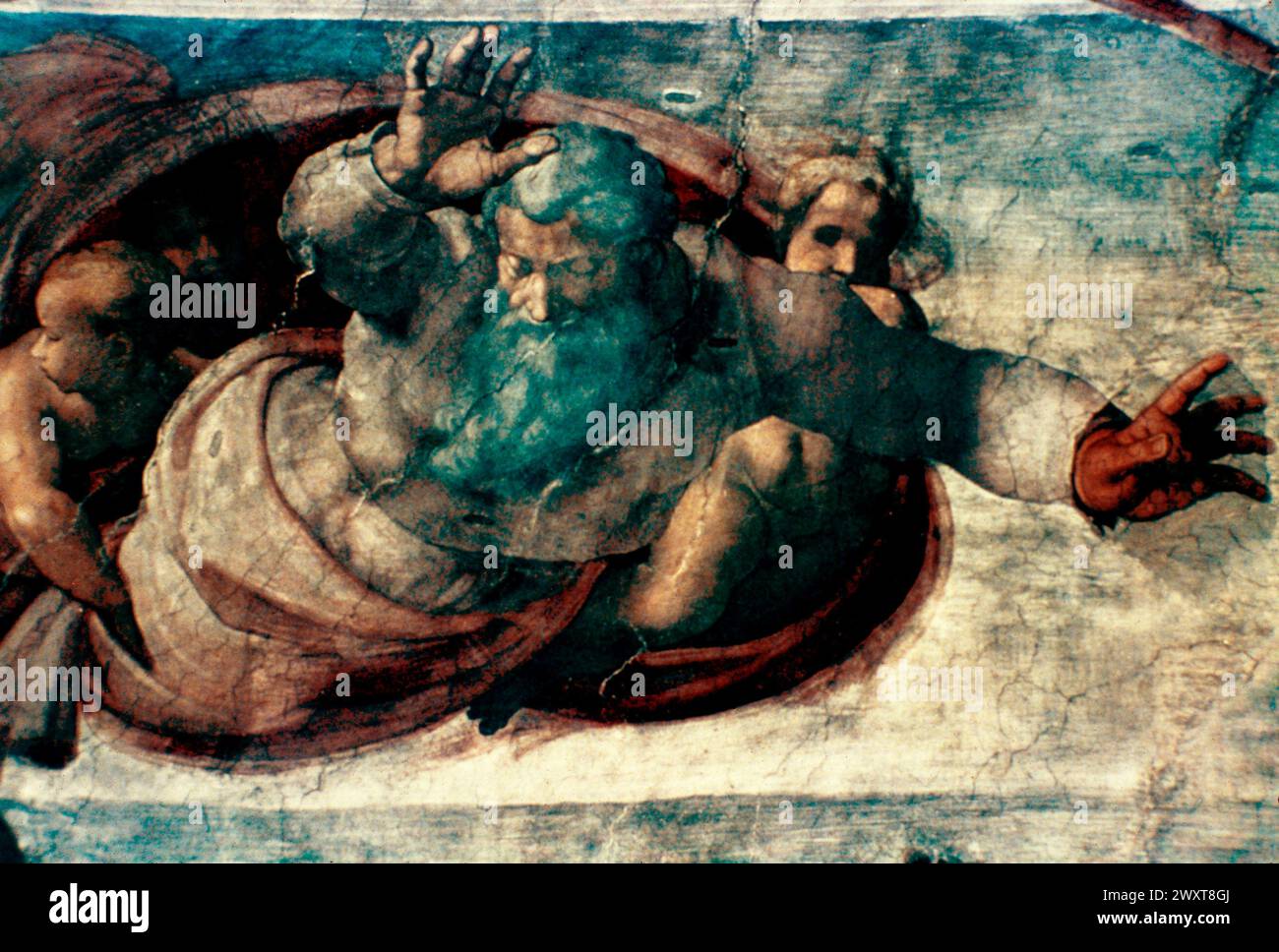 Dio separa l'acqua dalla Terra, affresco dell'artista italiano Michelangelo, XVI secolo Foto Stock