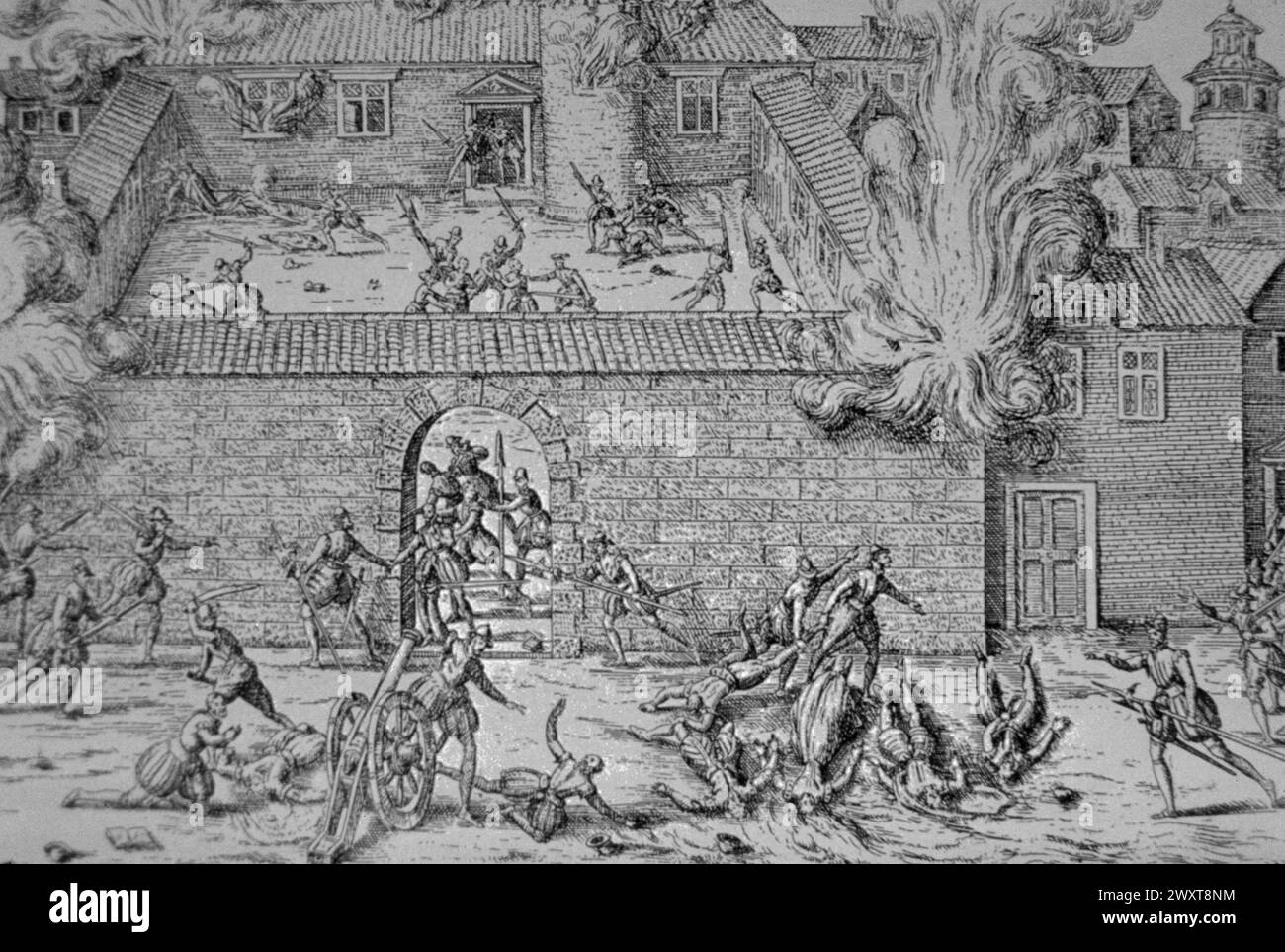 Il massacro degli ugonotti a Cahors, 1561, Francia, incisione dell'artista fiammingo Frans Hogenberg, XVI secolo Foto Stock