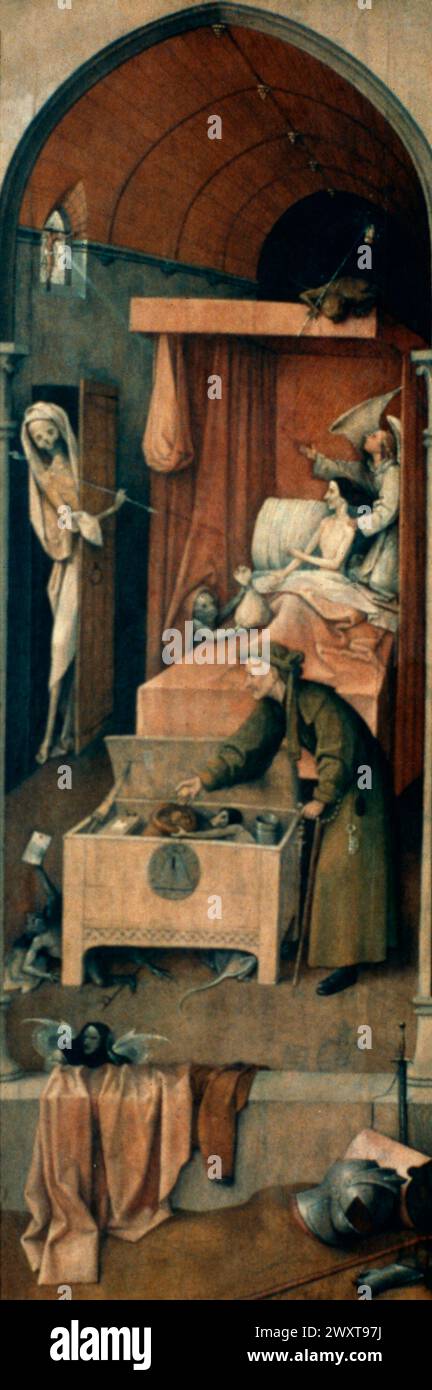 Morte e Miser, dipinto dell'artista olandese Hieronymus Bosch, XIV secolo Foto Stock